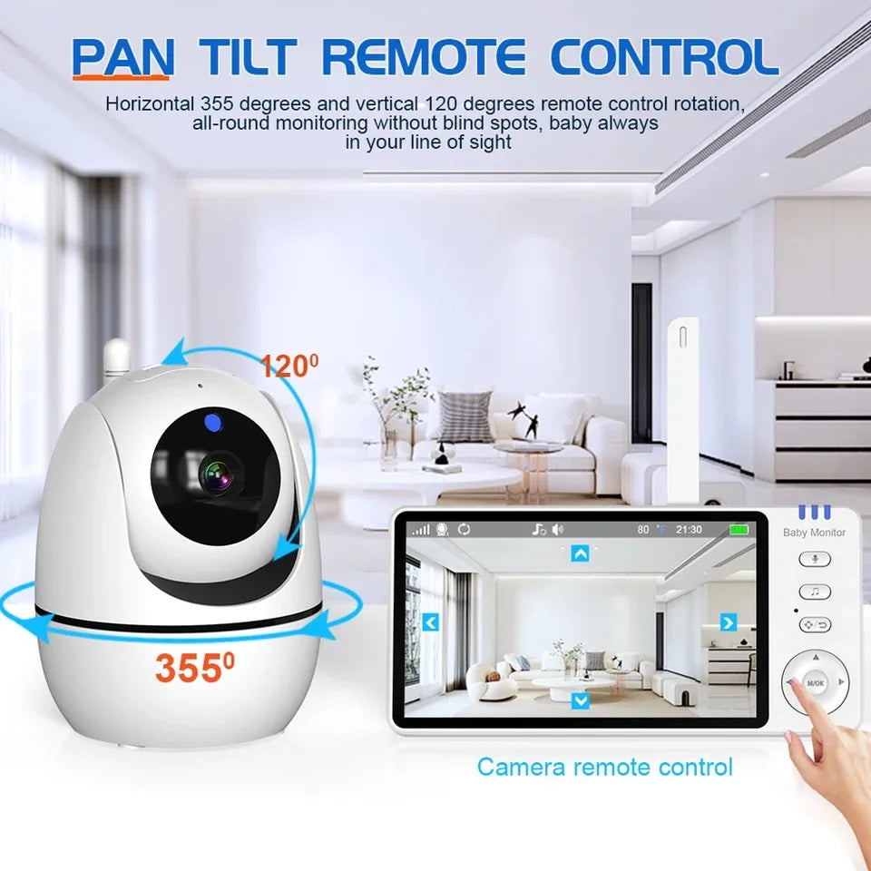 Babyphone avec caméra IPS 5 pouces, fonction panoramique et inclinaison, batterie 3500 mAh