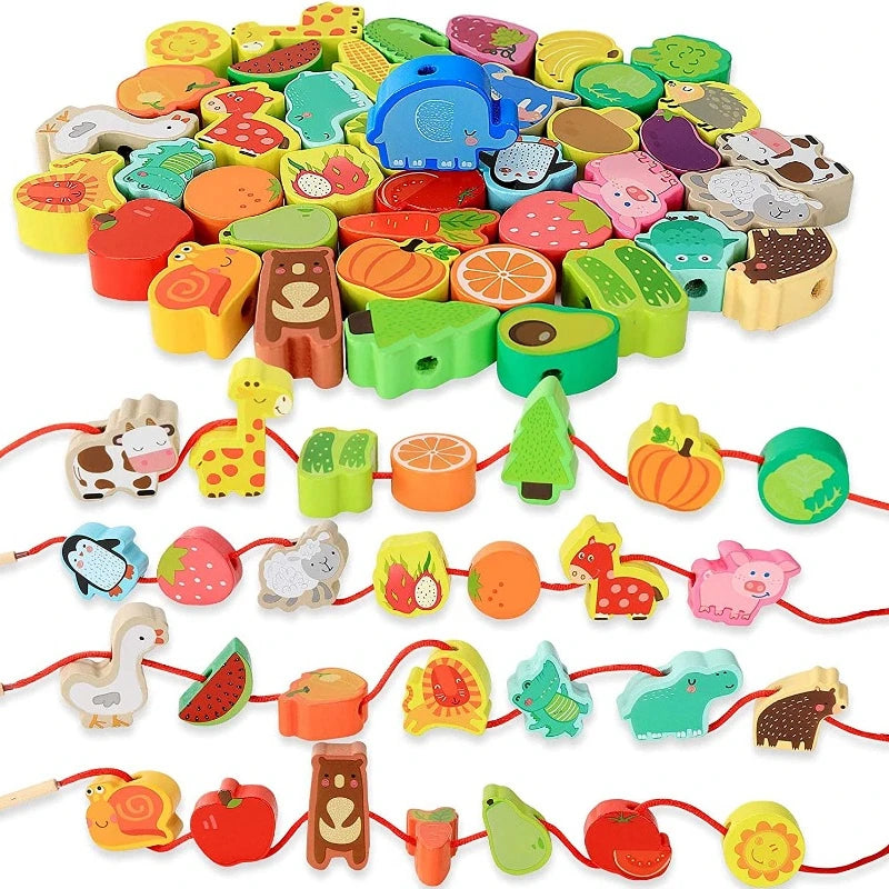 Montessori Wooden Bead Toy – Cartoon Fruit & Animal Stringing Game