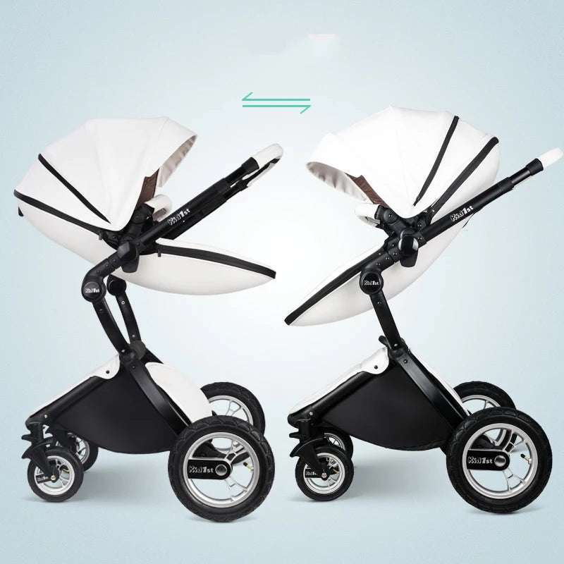 Poussette bébé 2 en 1 de luxe en cuir PU – Poussette surélevée pour nouveau-né