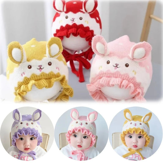 Bonnet bébé tricoté avec oreilles de lapin, chaud et mignon, idéal pour l'hiver.