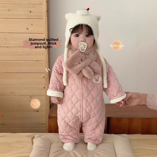 Baby Neck Crawler 2025 New Winter Newborn Thickened Clothes Baby Super Cute Cartoon Labeling Jumpsuit