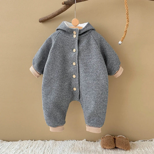 Baby Boys Woolen Jumpsuits Newborn Girls Hooded Rainbow Printed Rompers Winter Warm Bodysuit Clothes