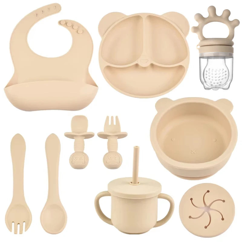 Kit d'alimentation pour bébé – 9 pièces en silicone avec bavoir