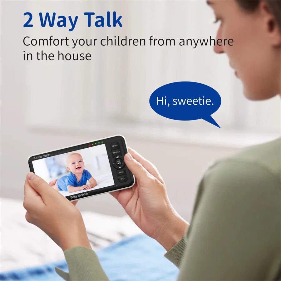 Babyphone PTZ 5,5 pouces, portée de 300 m, vision nocturne, berceuses