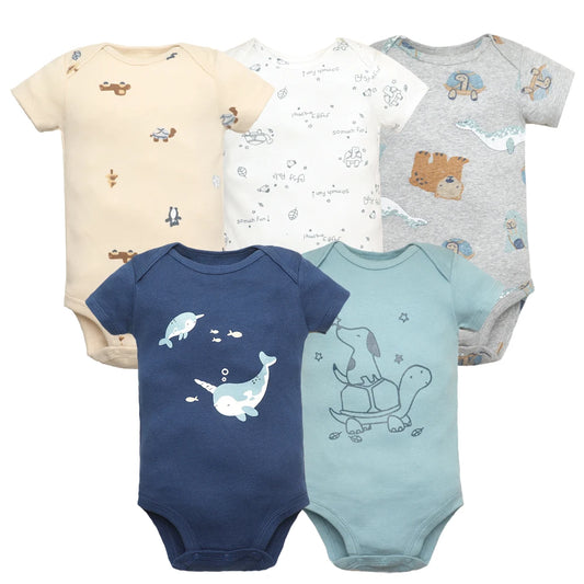 5-Piece Newborn Bodysuit Set – Cotton Short Sleeve Jumpsuits (0–24M)