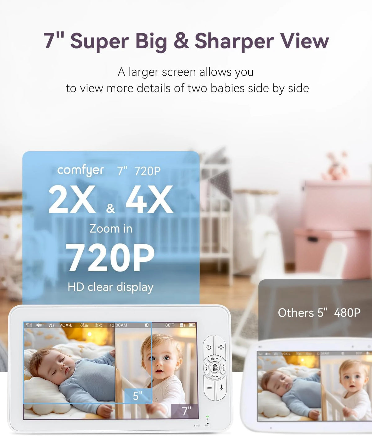 Babyphone double caméra 7 pouces – Écran partagé, PTZ, vision nocturne automatique