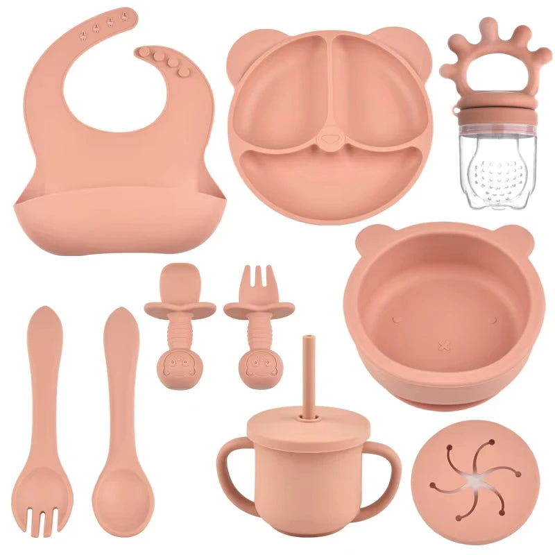 Kit d'alimentation pour bébé – 9 pièces en silicone avec bavoir
