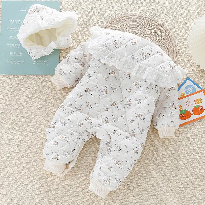 Ensemble 2 pièces pour bébé : barboteuse fleurie mignonne, combinaison rembourrée en polaire à motif losanges avec chapeau, vêtements d'extérieur épais pour tout-petit (0-2 ans).