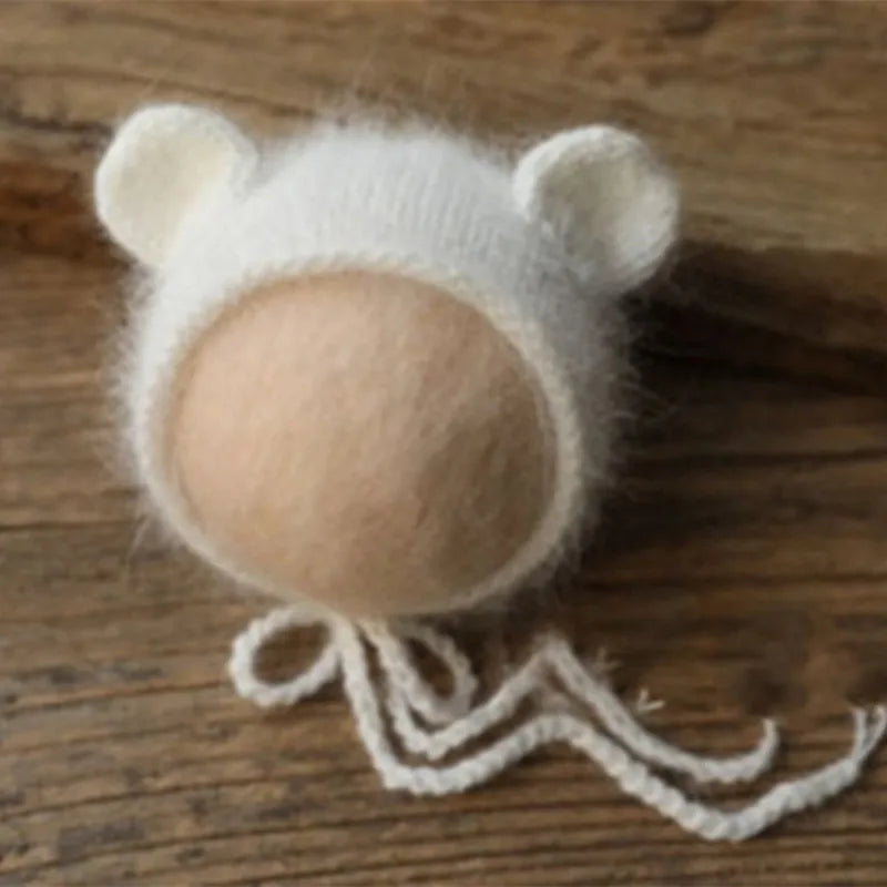 Bonnet tricoté pour nouveau-né en fil de vison duveteux avec oreilles, accessoire photo