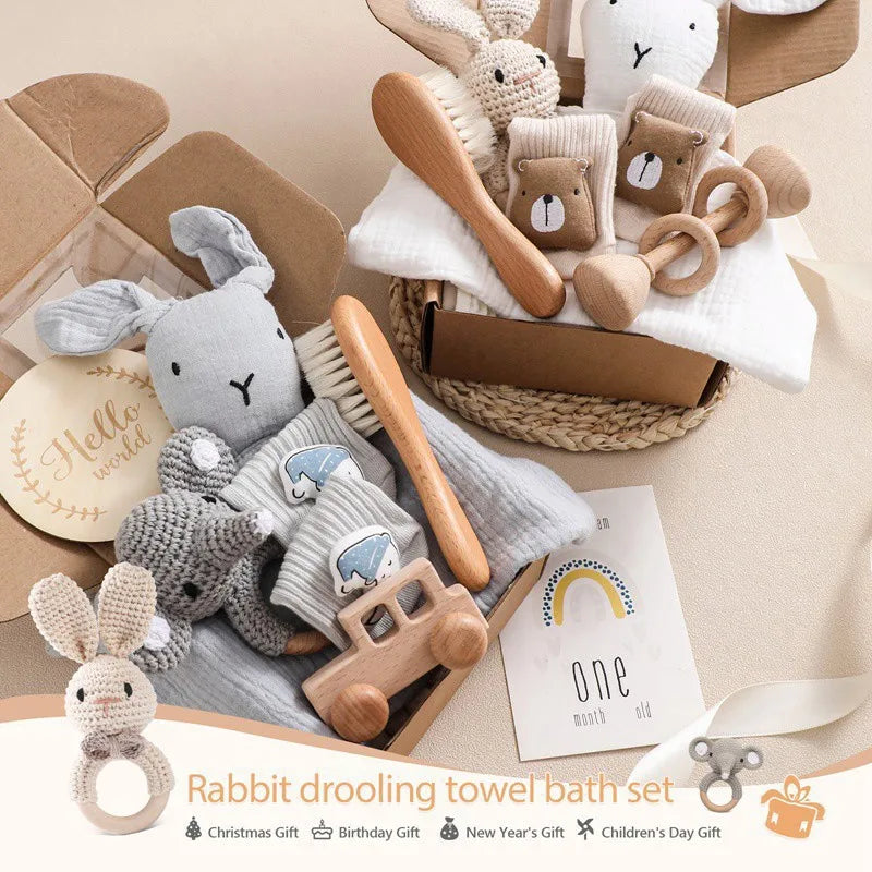 Newborn Bath Gift Set – Cotton Blanket, Milestone Cards & Rattle