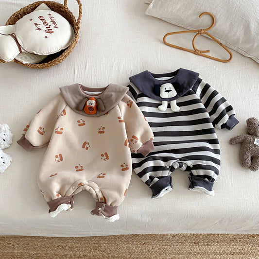 Baby Striped Jumpsuit 2025 New Winter Baby Doll Alpaca Fleece Crawling Suit Newborn Plush Clothes
