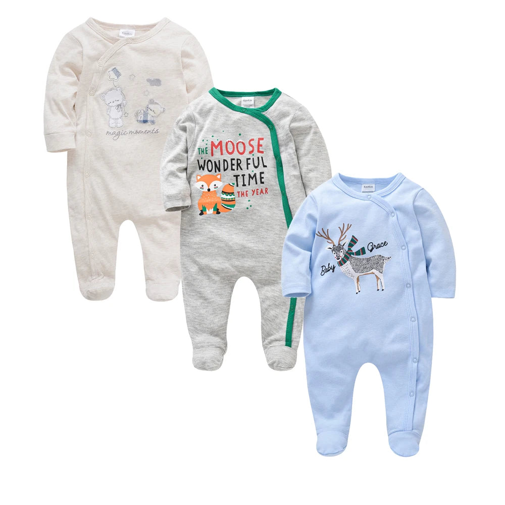 Lot de 3 grenouillères Kavkas pour bébé garçon (0-12 mois), 100 % coton, manches longues, imprimé dessin animé, articles pour filles