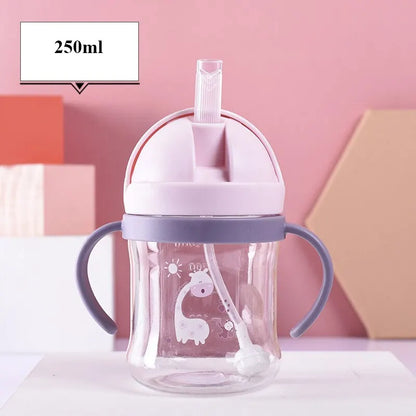 Biberon de 250 ml pour bébé – Large anse et paille rose