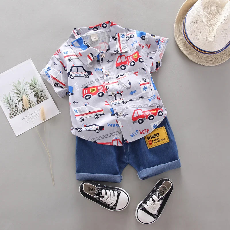 2PCS Baby Summer Set – Random Car Print Shirt & Shorts