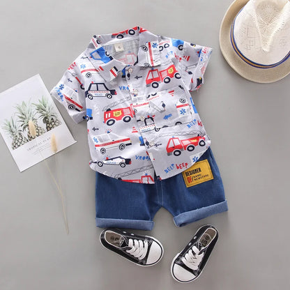 2PCS Baby Summer Set – Random Car Print Shirt & Shorts