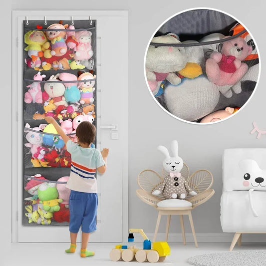Over-Door Stuffed Animal Organizer – 4-Pocket Mesh Bag for Kids Toys