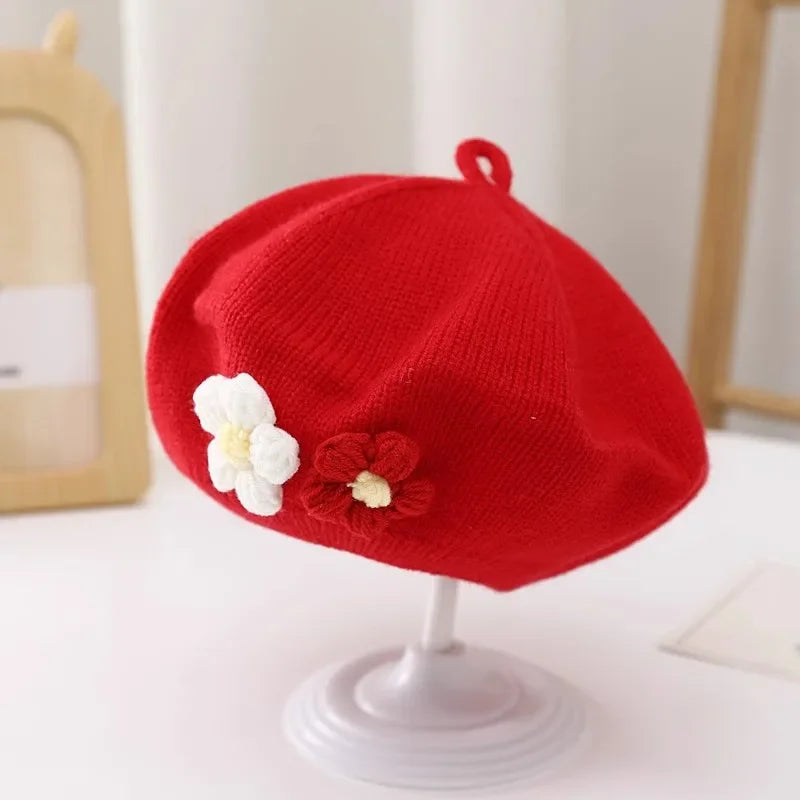 Cute Baby Girl Knitted Beret Hat with Small Flower