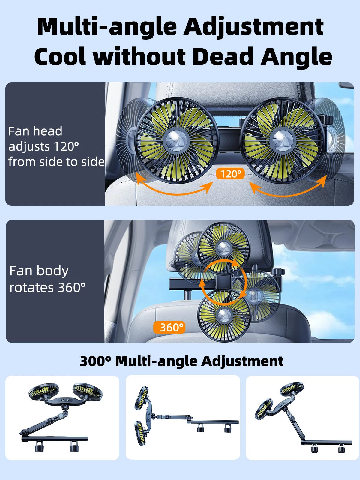 USB Car Fan for Kids | Dual Head, Adjustable Arm, 3-Speed Cooling