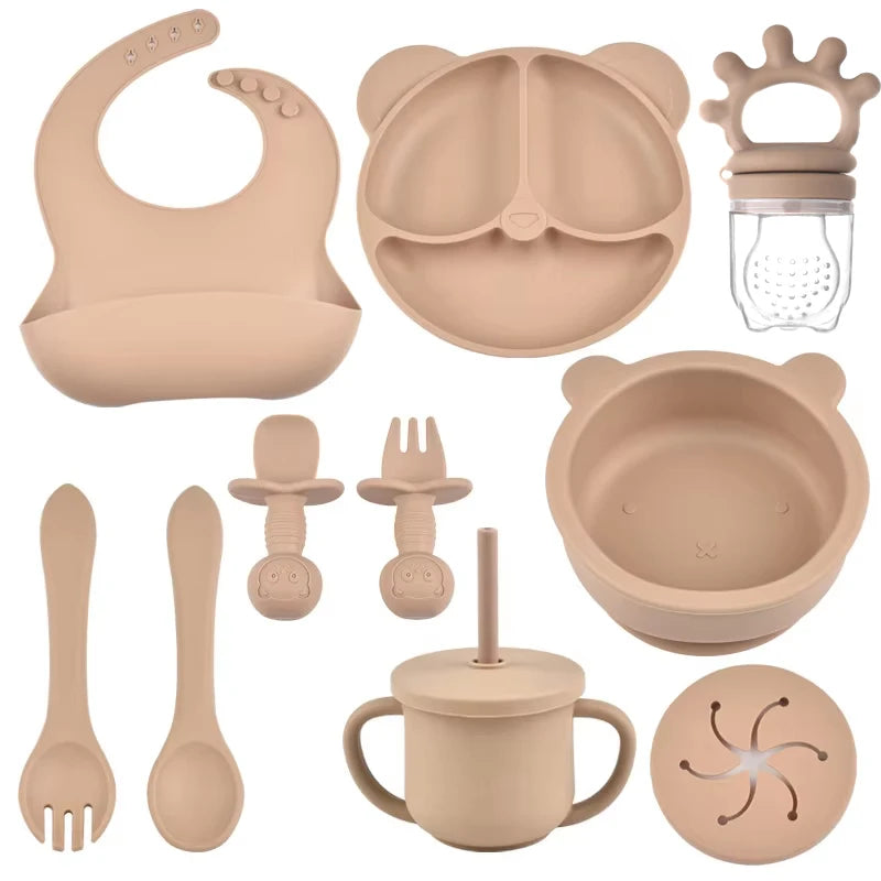 Kit d'alimentation pour bébé – 9 pièces en silicone avec bavoir
