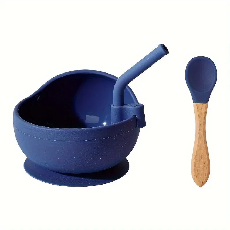 Ensemble de cuisine pour bébé – Bol en silicone avec cuillère et paille