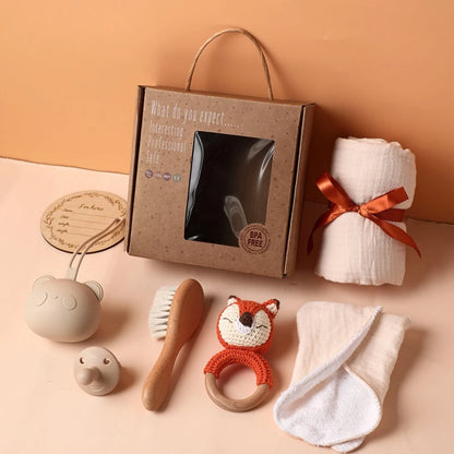 Baby Bath & Milestone Gift Set – Towel, Rattle, Pacifier & Cards