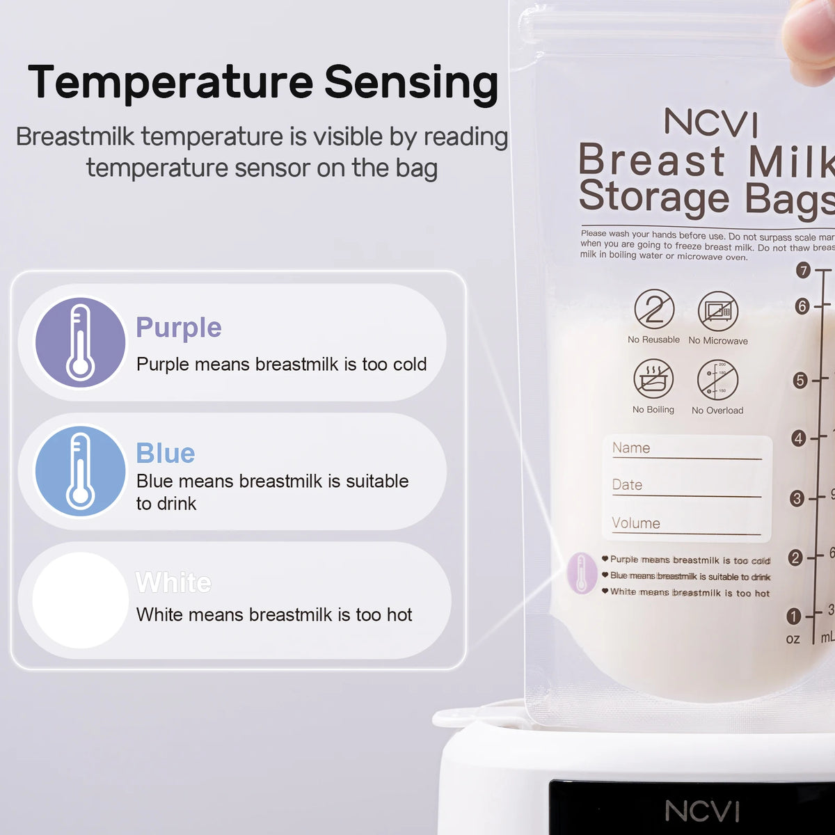 NCVI 200ml Breast Milk Storage Bags – Temp-Sensing, Double-Sealed, BPA-Free