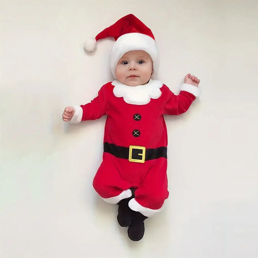 Baby's Christmas Party Santa Claus Outfits, Long Sleeve Romper Hat Set For Spring, Autumn And Winter Indoor And Outdoor Wear