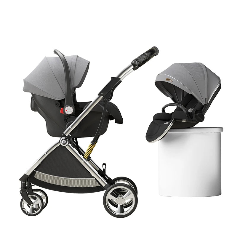 Luxury High-View Baby Stroller – Egg-Shaped Seat, One-Hand Recline, Compact Pram