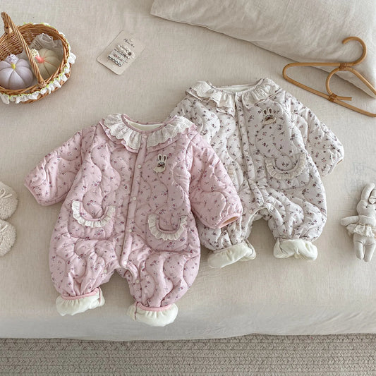 Newborn Girls’ Padded Romper with Ruffled Collar