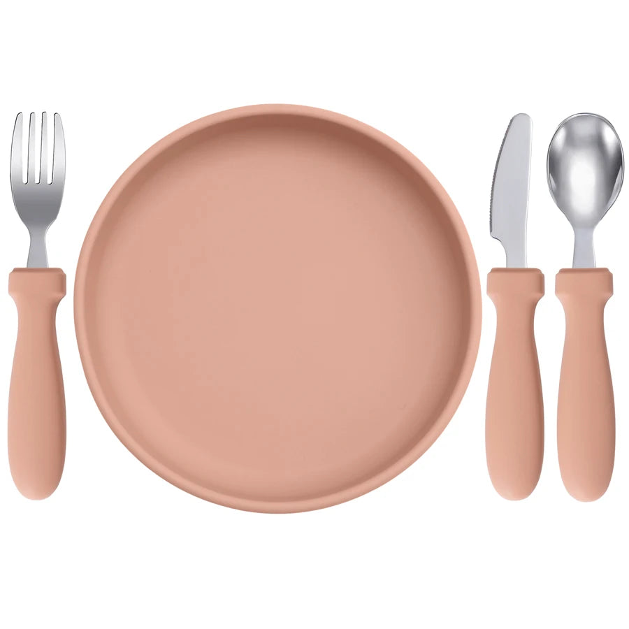 Ensemble d'alimentation pour bébé – Assiette, cuillère et fourchette en silicone