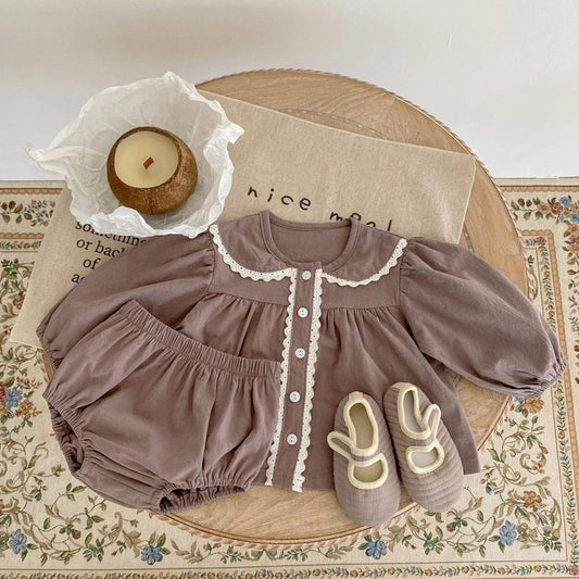 Autumn Baby Girl Outfit – 2-Piece Cotton Half-Neck Shirt & Bun Pants