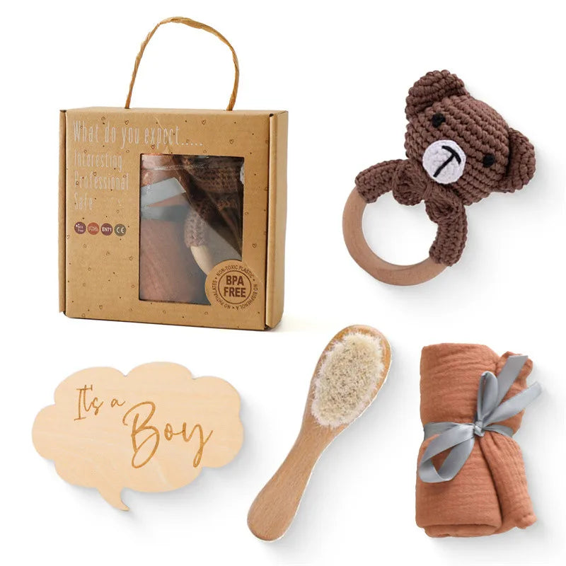Newborn Bath Gift Set – Cotton Blanket, Milestone Cards & Rattle