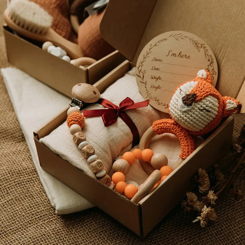 Newborn Bath Gift Set – Cotton Blanket, Milestone Cards & Rattle