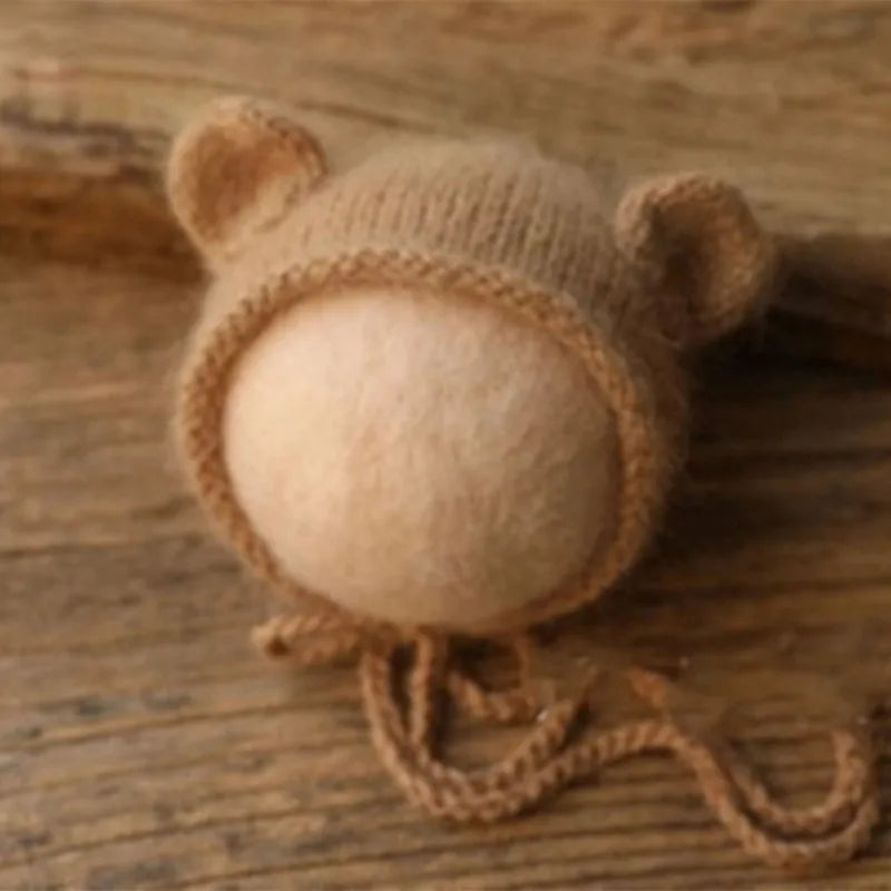 Bonnet tricoté pour nouveau-né en fil de vison duveteux avec oreilles, accessoire photo