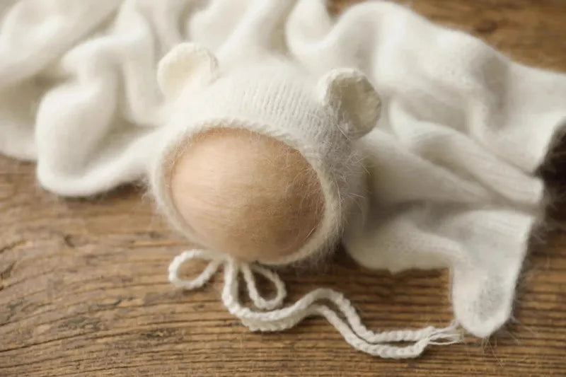 Bonnet tricoté pour nouveau-né en fil de vison duveteux avec oreilles, accessoire photo
