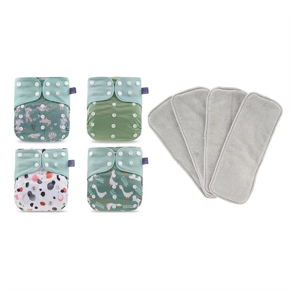 Washable Baby Diapers Set – 4 Cloth Nappies with Inserts, 3–15kg