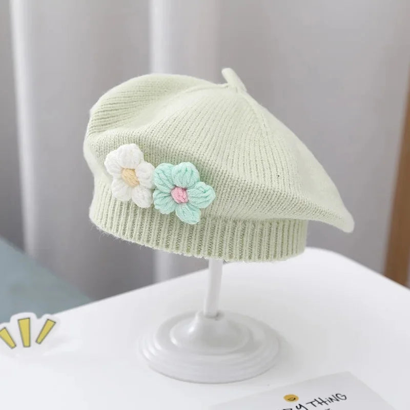 Cute Baby Girl Knitted Beret Hat with Small Flower