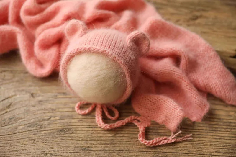 Bonnet tricoté pour nouveau-né en fil de vison duveteux avec oreilles, accessoire photo