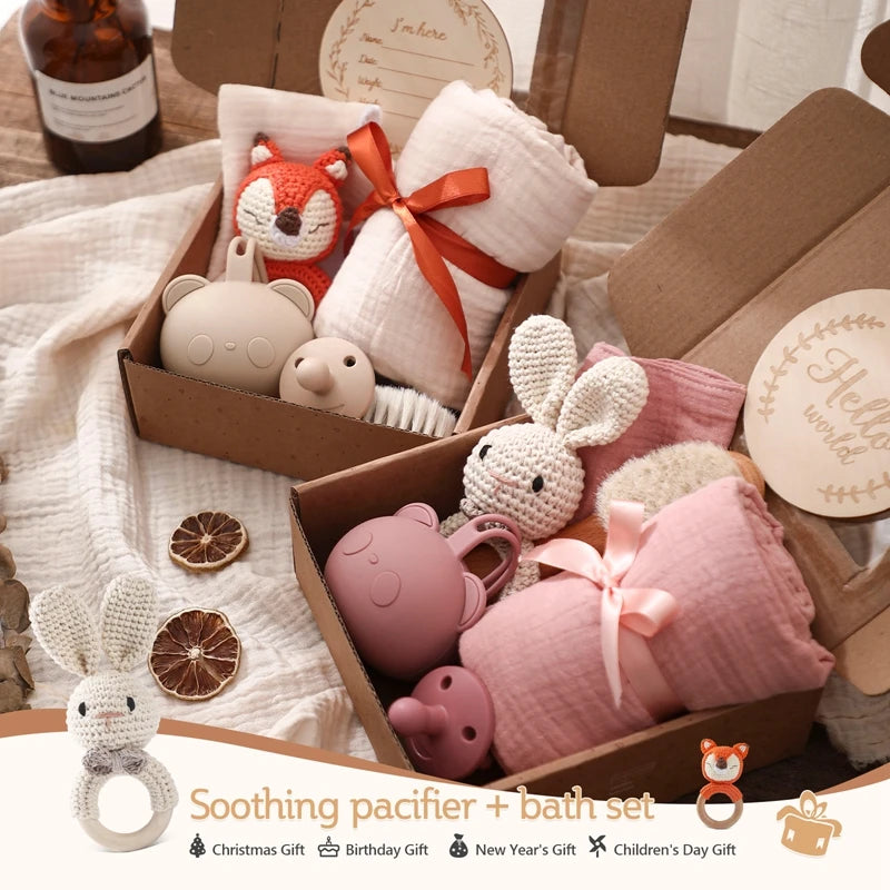 Baby Bath & Milestone Gift Set – Towel, Rattle, Pacifier & Cards