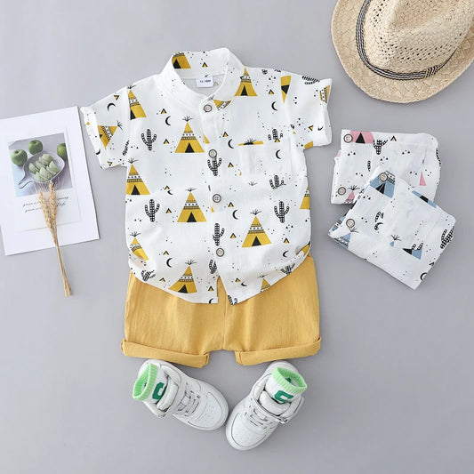 Ensemble d'été 2 pièces pour enfant : chemise et short en coton à imprimé triangle