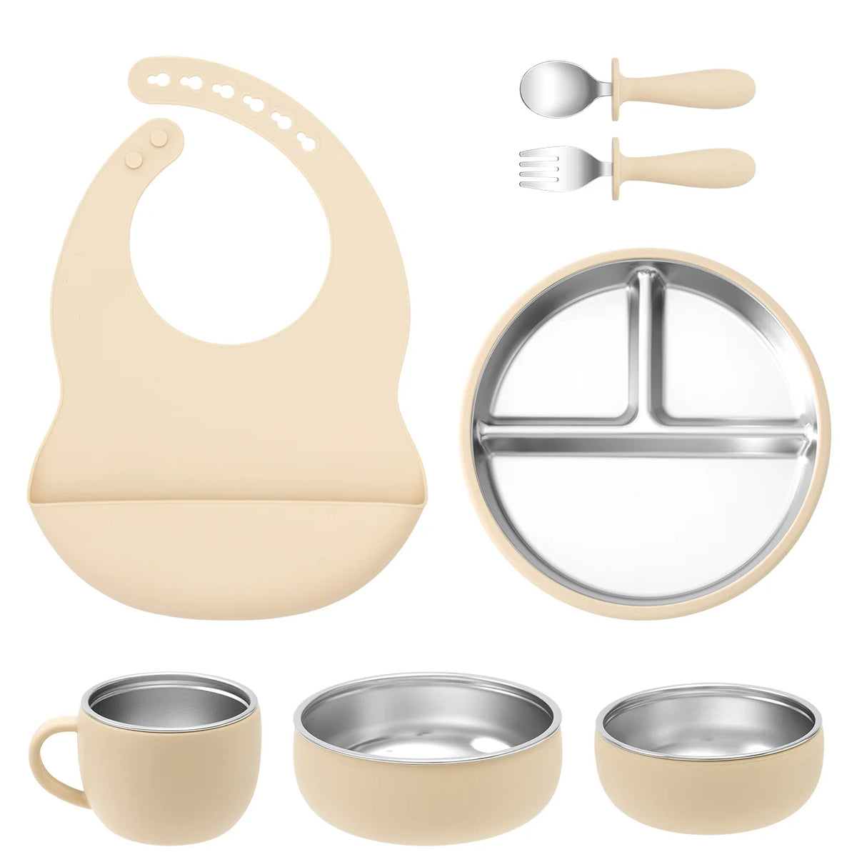 Ensemble d'alimentation pour bébé 7 pièces – Vaisselle en acier inoxydable et silicone