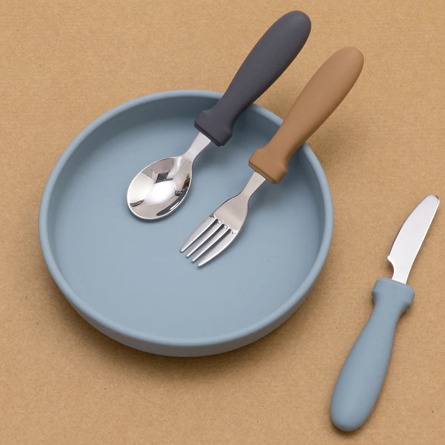 Ensemble d'alimentation pour bébé – Assiette, cuillère et fourchette en silicone