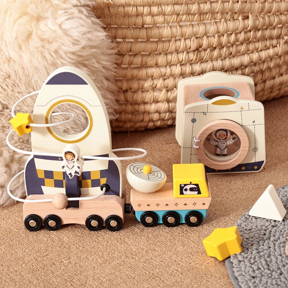 Montessori Wooden Space Set – Astronaut & Rocket Stacking Puzzle for Kids
