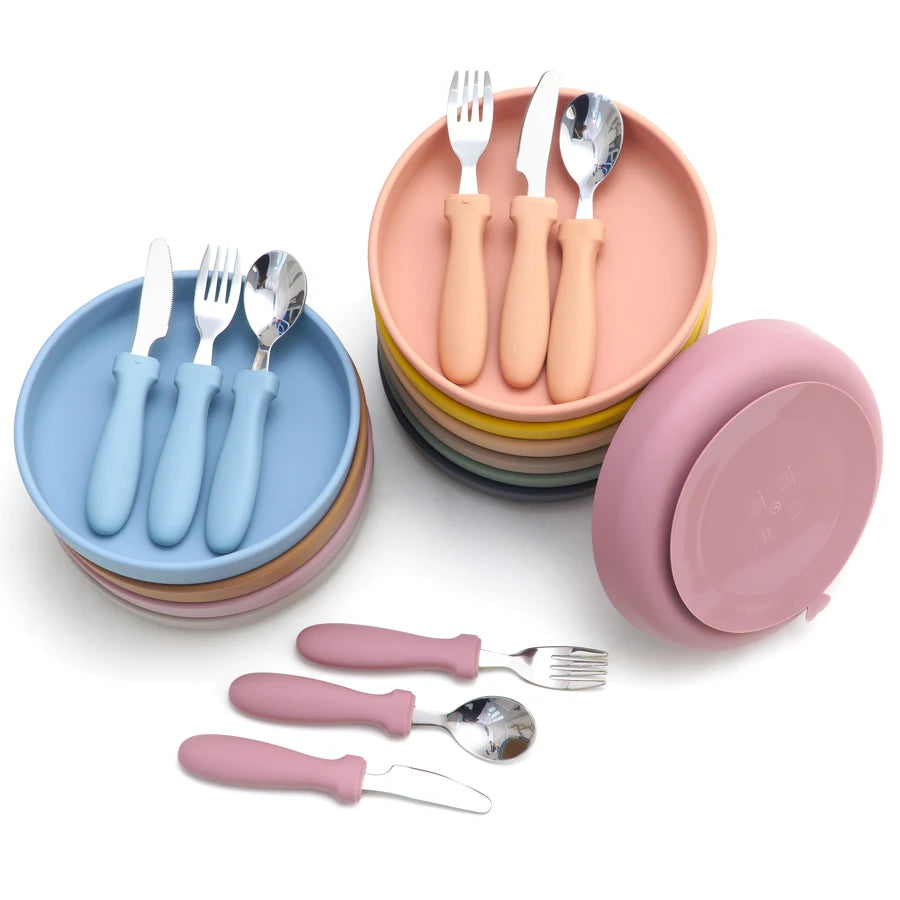 Ensemble d'alimentation pour bébé – Assiette, cuillère et fourchette en silicone