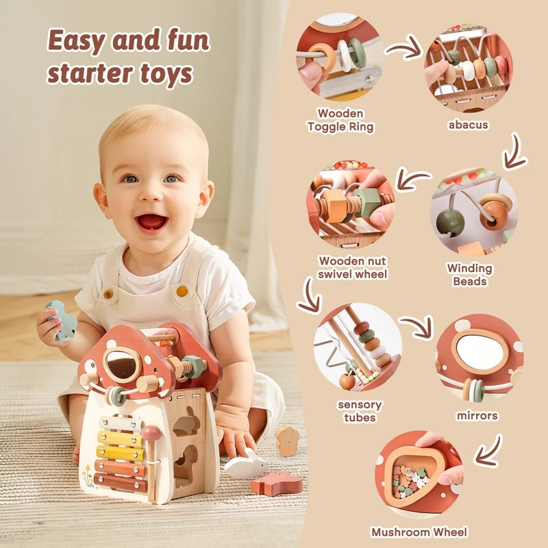 Montessori Wooden Mushroom Castle – 5-in-1 Stacking & Puzzle Toy