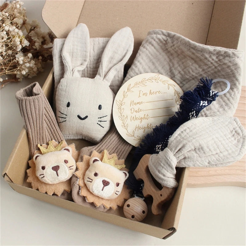Newborn Baby Gift Set – Soft Cotton Towel, Rabbit Cuddle, Socks & Brush