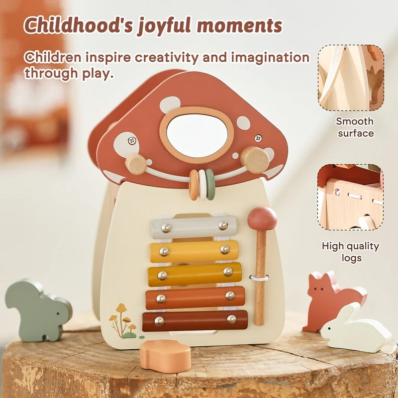 Montessori Wooden Mushroom Castle – 5-in-1 Stacking & Puzzle Toy