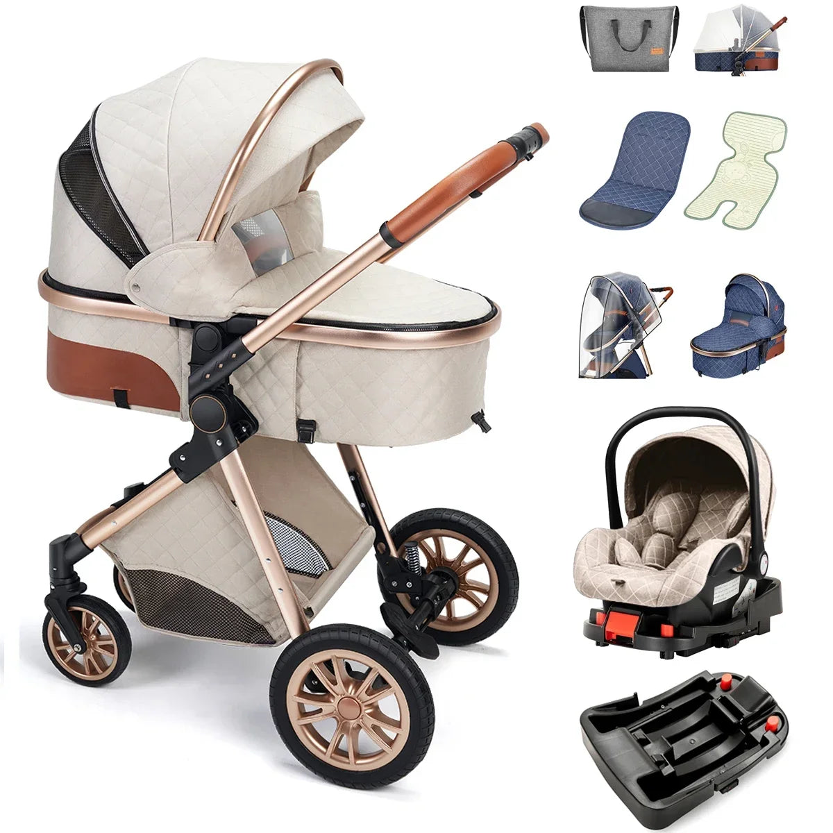Poussette 3 en 1 à profil haut avec siège auto et fixation ISOFIX
