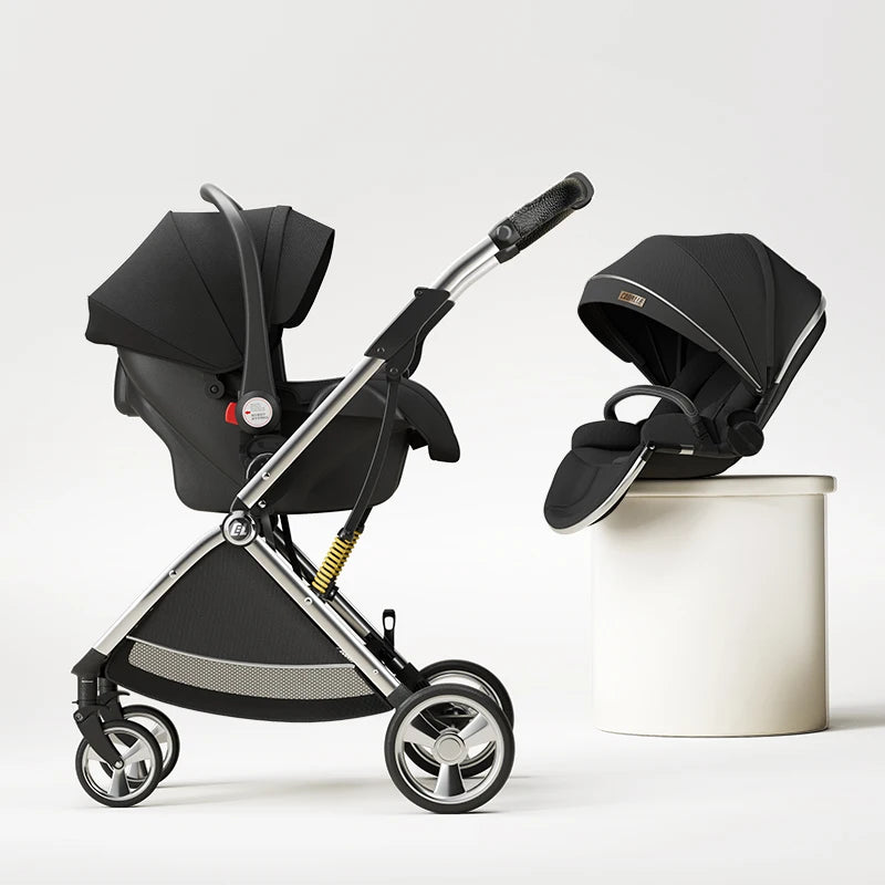 Luxury High-View Baby Stroller – Egg-Shaped Seat, One-Hand Recline, Compact Pram
