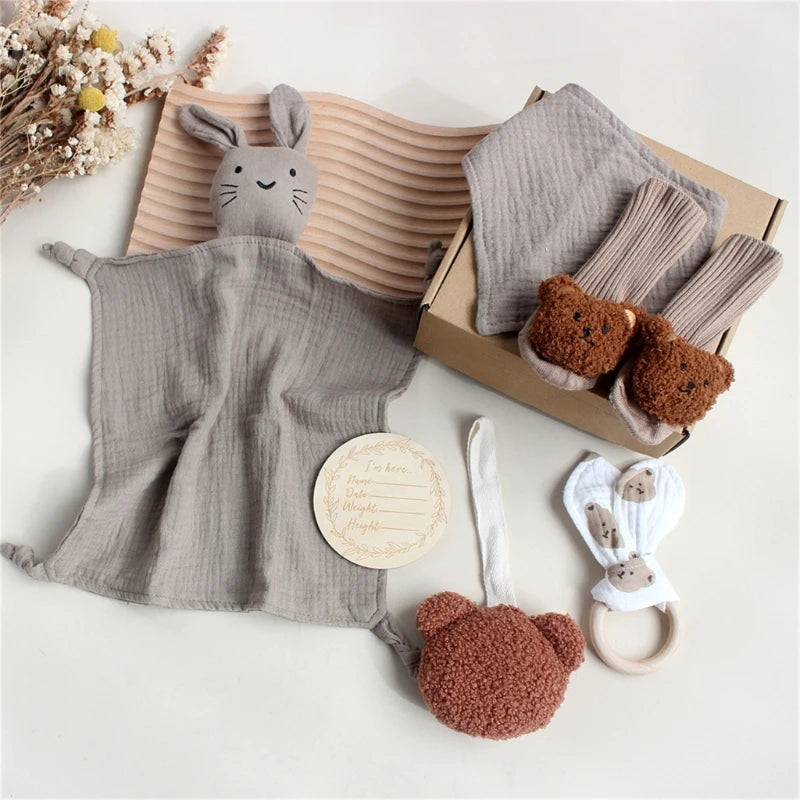 Newborn Baby Gift Set – Soft Cotton Towel, Rabbit Cuddle, Socks & Brush